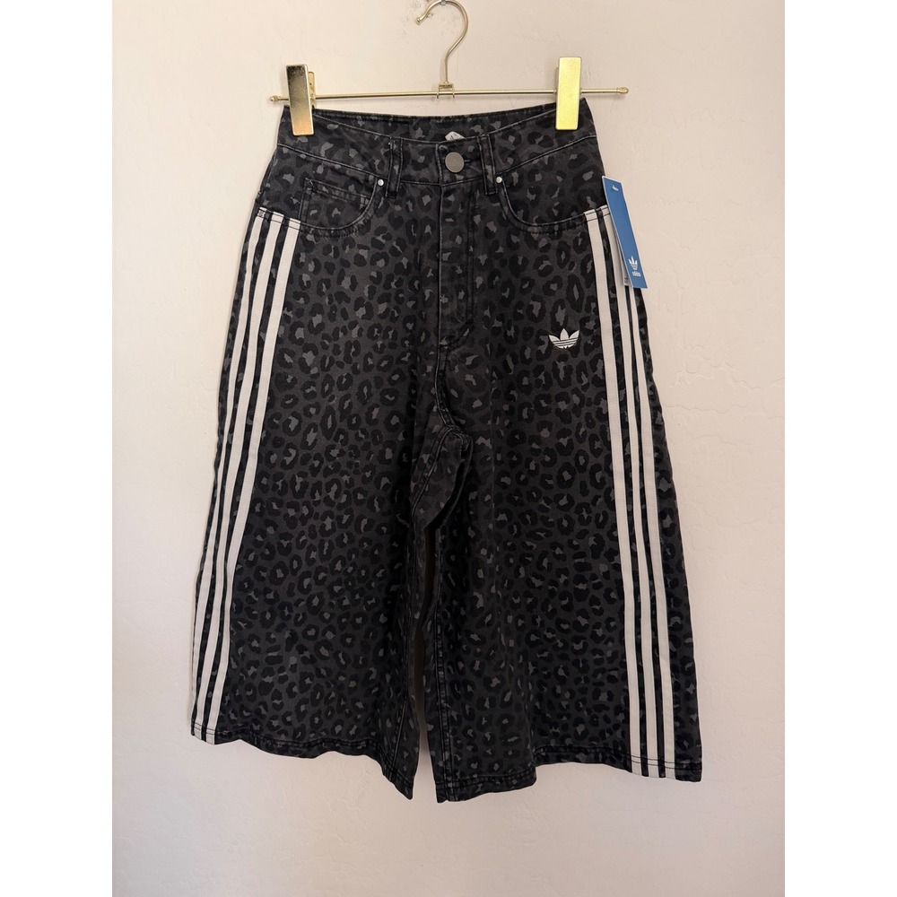 Adidas Originals Leopard Print Wide Leg Jean Shorts Black Grey 3-Stripes Sz 23